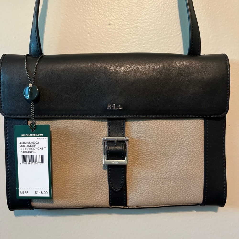New! NWT! Ralph Lauren Mullinder Crossbody Shoulder Black Tan Purse $148